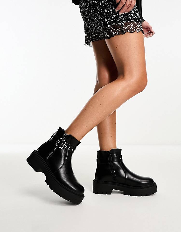 Glamorous chunky chelsea boots with buckle in black